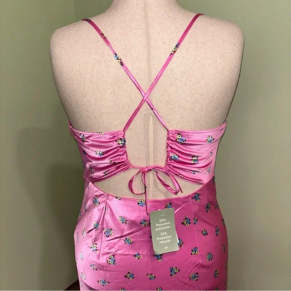 NWT H&M Pink Floral Satin Open Back Cowl Neck Maxi Dress Fairy Boho Women’s Sz L - Picture 3 of 7